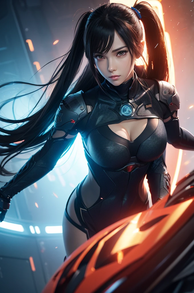 A girl with beautiful detailed eyes, beautiful detailed lips, and an extremely detailed face. 1girl. She is the widowmaker. Her gaze pierces the darkness. The striking contrast between her pale skin and her dark, flowing hair adds to her mysterious aura. She wears a tight-fitting, futuristic black suit that accentuates her graceful figure. The suit is adorned with blue accents that glow with a faint, ethereal light. Her stance is elegant yet poised, as if she is ready to strike at any moment. The background is a dimly lit room with a subtle blue ambiance, enhancing the air of intrigue and danger surrounding her. The image quality is set to (best quality, 8K, ultra HD, highres, masterpiece:1.2). The art style is sleek and stylized, giving it a unique and futuristic feel. The color palette is predominantly cool tones, with shades of blue and gray creating a brooding atmosphere. The lighting is dramatic, with soft, directional light casting intriguing shadows on her face and body.