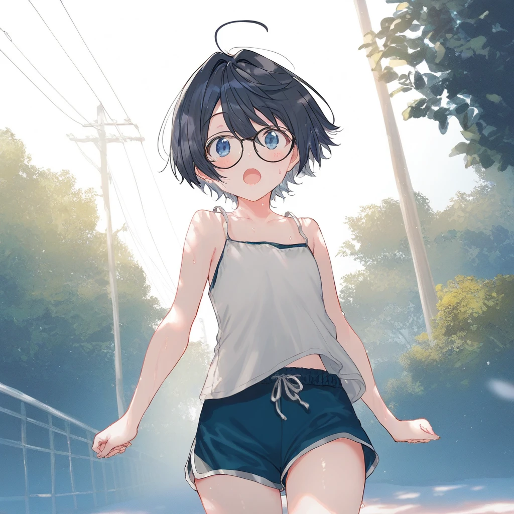 1girl, bangs, bob cut,black hair, short hair, sundress, sunlight,full body, sweat,looking at viewer, white dress, hand on own chest,tan, grass, glasses, revealing panties