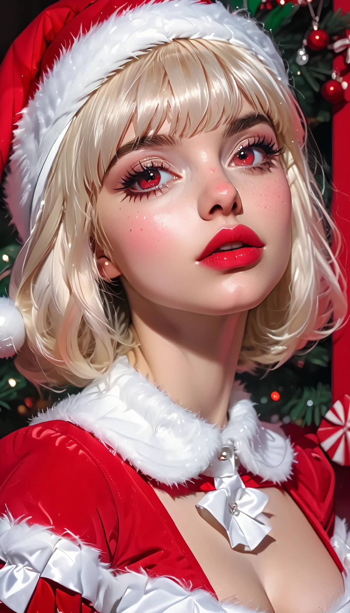  super zoom up on her face 、Close-up、Russian Girls、Blonde、 short hair、bangs、 princess cut、Freckles、 dark skin 、red cheeks pink lips、Thick lower lip、 Big Breasts 、Hollow Eyes、sexy Santa cosplay、 Christmas、 white breath 