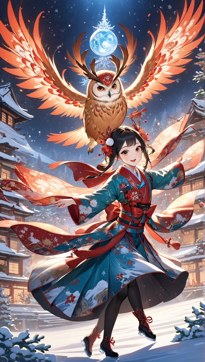 masterpiece  :1.2，  christmas illustration， ((Dancing on ice  ))，    Fantasy World ,      Japanese style   , ((Incarnation of Fire:1.1))，     Details，  Christmas Winter Scenery ，An owl is flapping its wings   ，     wonderful  ，     Pro Pictures   ，