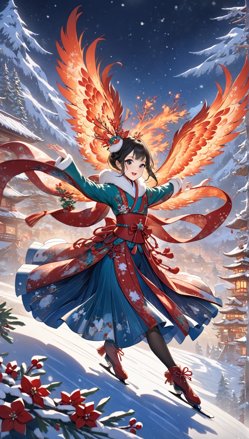 masterpiece  :1.2，  christmas illustration， ((Dancing on ice  ))，    Fantasy World ,      Japanese style   , ((Incarnation of Fire:1.1))，     Details，  Christmas Winter Scenery ，An owl is flapping its wings   ，     wonderful  ，     Pro Pictures   ，