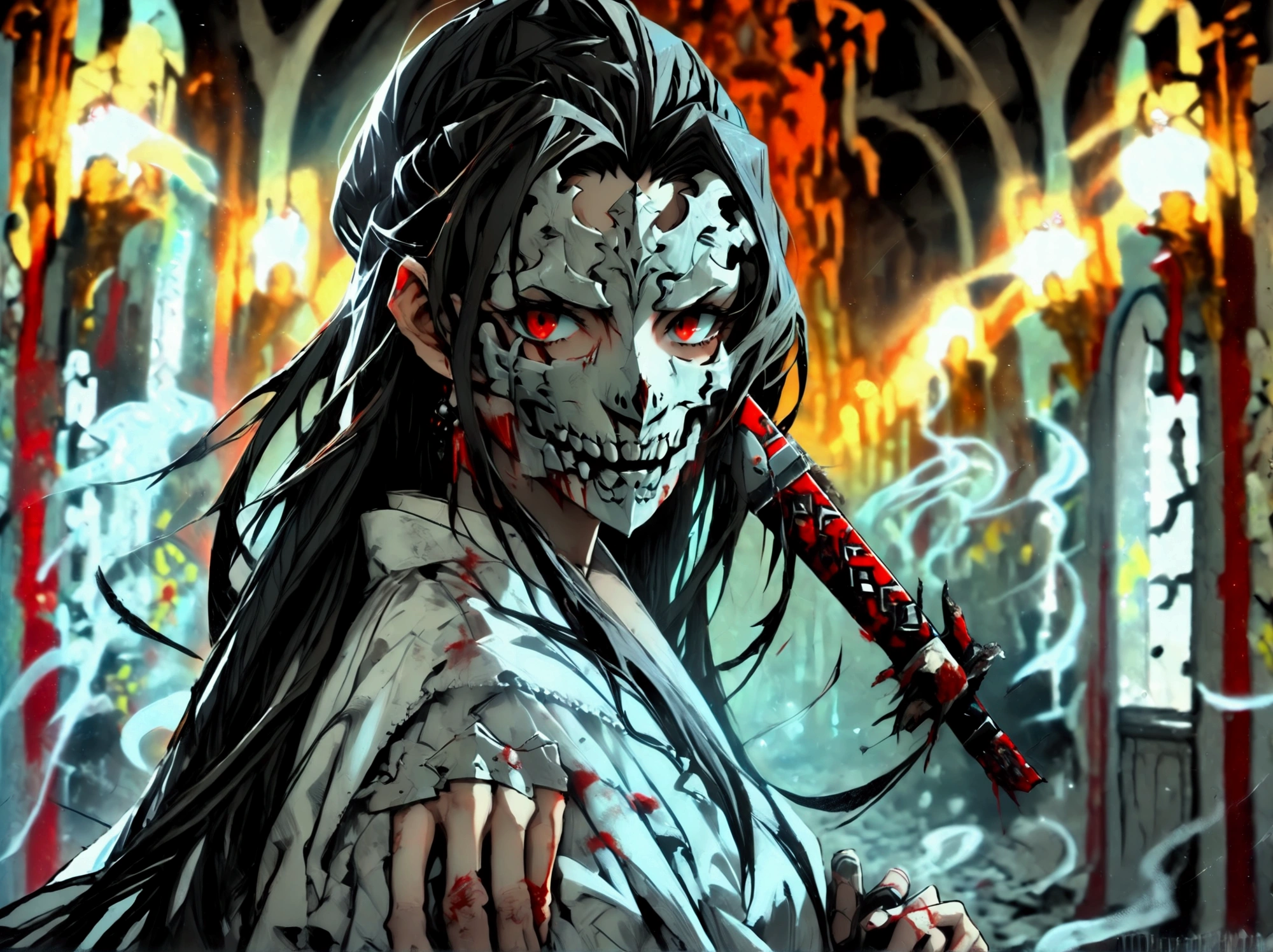 tall man,broken white mask  ,gray skin, Long haired black ,  black pants , white robe with black ,  long black nails ,  background corridor of abandoned mansion , pose her holding a bloody knife with one hand Masterpiece,  High resolution,  Precise, Damaged,  depth of field ,  Animated style , 