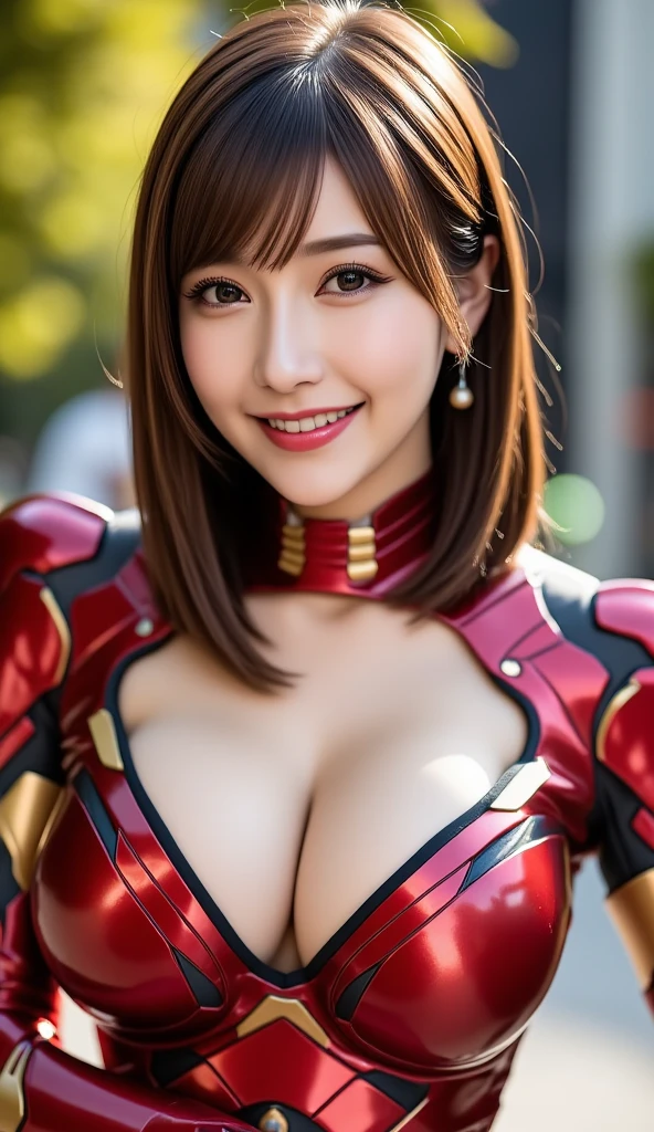 (((Full body photo)))、12Ｋ、ＨＤＲ、 bits deep 10 bits 、Iron Man Costume、 charming posing、 (  realistic  ) , (photo  realistic  :1.4), masterpiece,  so delicate and beautiful ,  very detailed bust ,smile、(  light brown hair )、A woman who exudes adult appeal  、 clear white skin  、  happy face、((( White teeth are visible)))、  random hairstyle  、(( looks at the audience and smiles )) 、  light brown eyes、  random pose to take a picture of the front 、