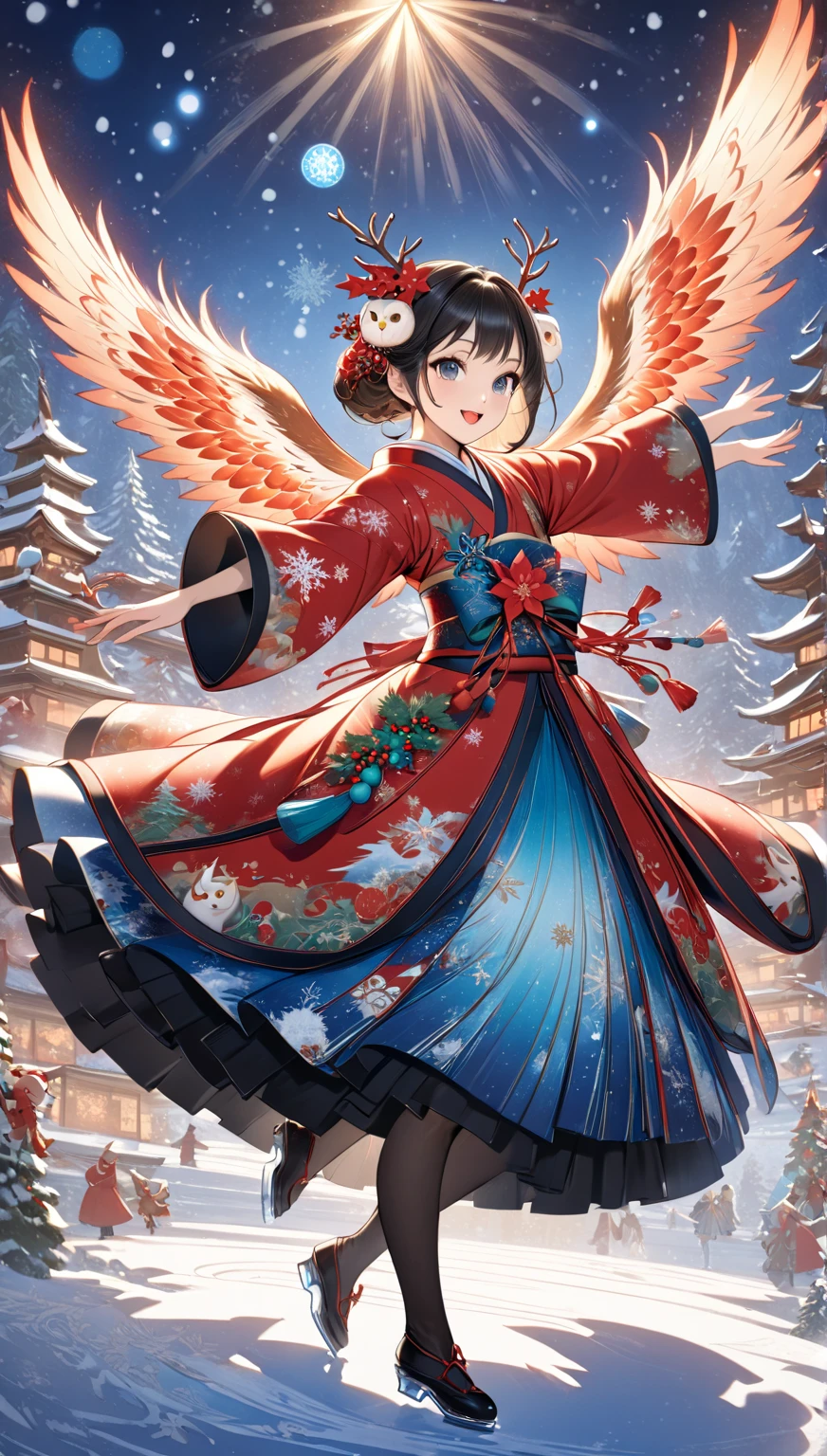 masterpiece  :1.2，  christmas illustration， ((Dancing on ice  ))，    Fantasy World ,      Japanese style   , ((Incarnation of Fire:1.1))，     Details，  Christmas Winter Scenery ，An owl is flapping its wings   ，     wonderful  ，     Pro Pictures   ，