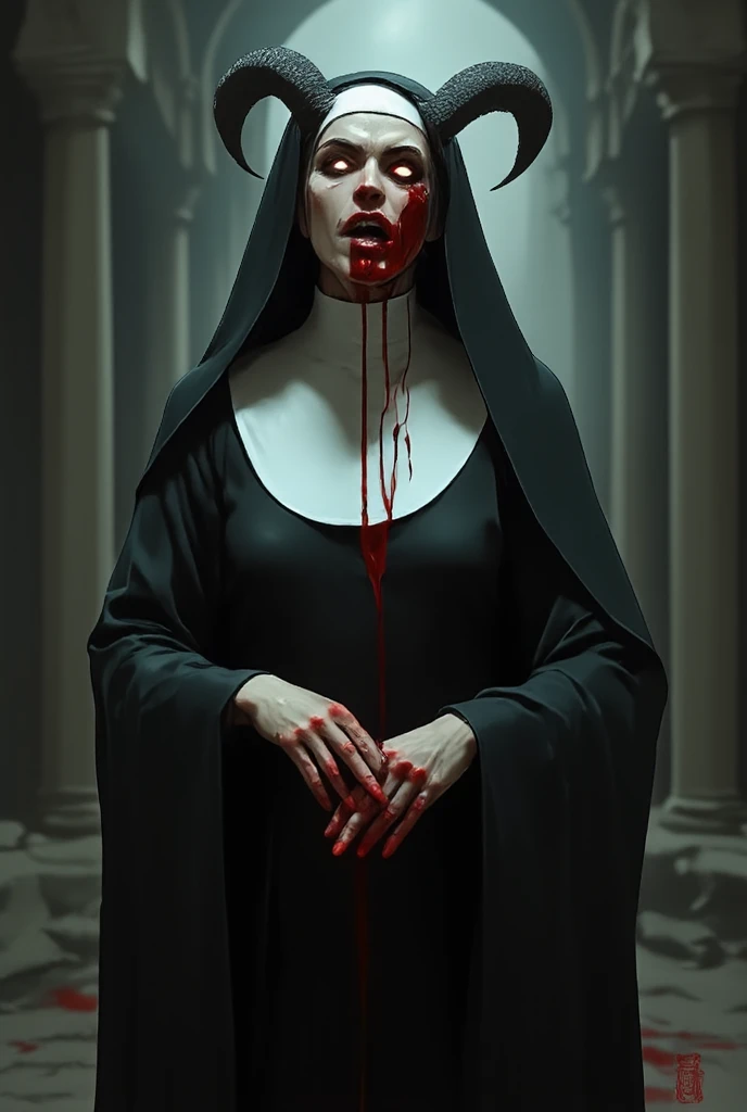 lustfull nun evil horns blood driping to hes chest