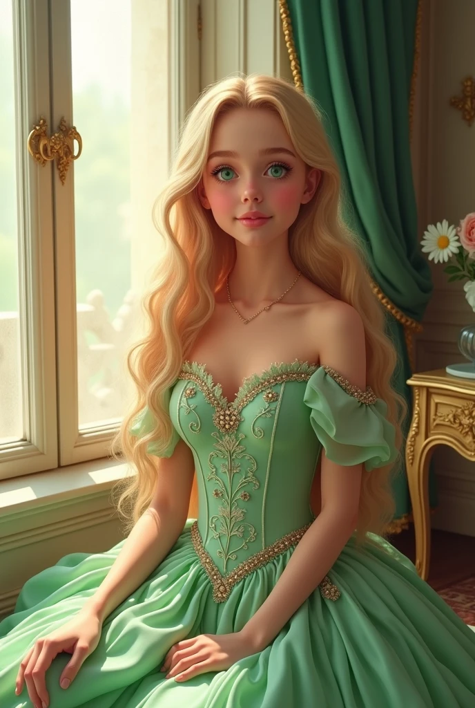 blonde girl with blue eyes in a green princess dress her hair is in a bun she is looking at the viewer