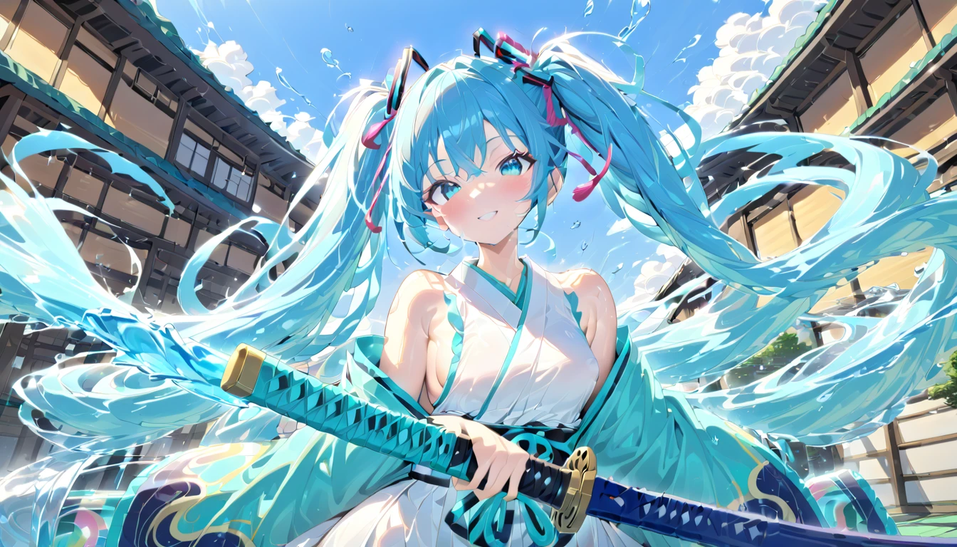 girl masterpiece, best quality high resolution, twintails, blue hair, blue eyes, very long hair, middle breast, detailed face, beautiful shape, hatsune miku, kimono, Japanese-style clothes, wearing a katana sword, standing on the tatami floor, smiling, , detailed background, blue sky, water element,