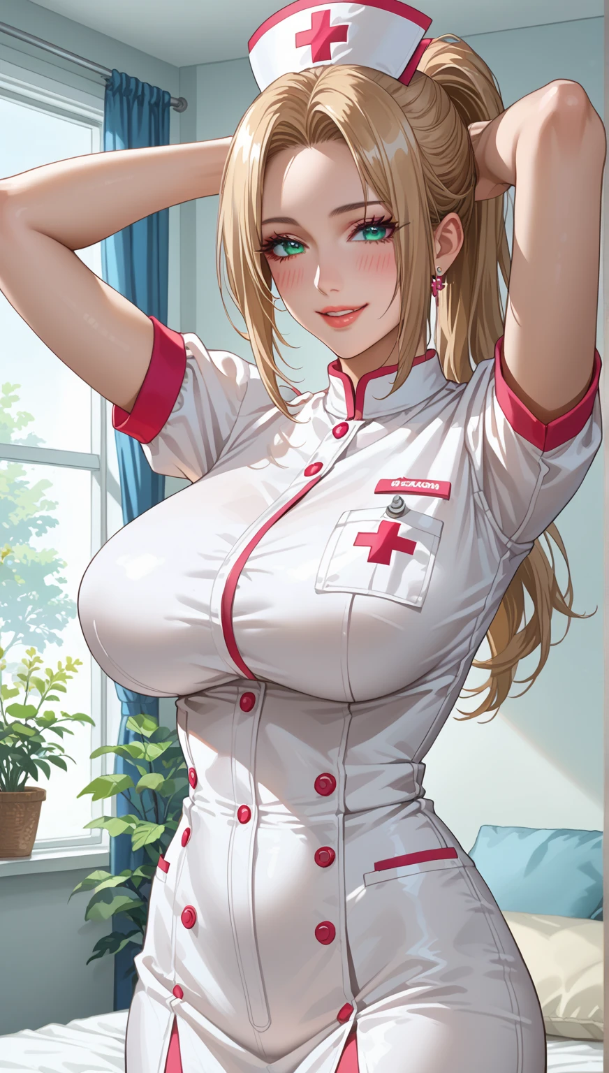 score_9, score_8_up, score_7_up, source_anime,masterpiece,best quality,beautiful detailed eyes, beautiful detailed lips, extremely detailed eyes and face, long breasts,1 woman, japnese,45 years old ,mature woman, ((ecstasy)) ,smug face,nurse costume,firm breasts, shockingly large breasts, large breasts, tight waist, stylish body, class room,ecstatic expression, flushed face,ponytail, (((cowboy shot))), fold your hands above your head,male focus