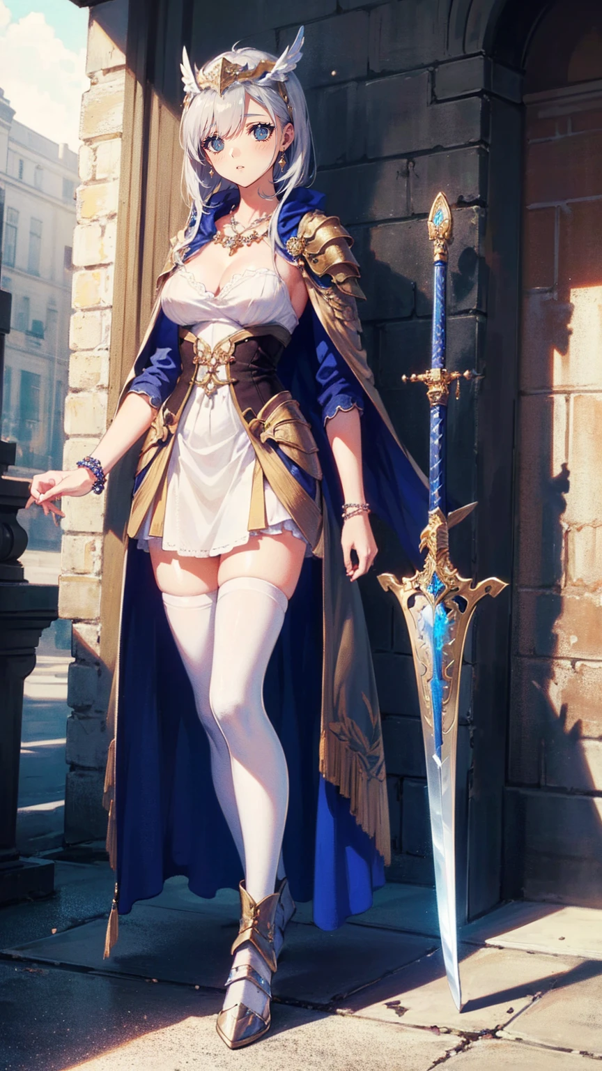   young beautiful woman ,( top quality,  Extremely Detailed Explanation  ,  amazingly high resolution  ,  anatomically accurate depiction  , Kirby's feet ),(  growing skin ,  growing skin ),(  is a female swordsman with a noble vibe),(  blue armor,Blue Boots,Metal Embroidery  ,  clear jewels and precious metal decorations  ,  Exquisite Armor Details  ,Holy Sword,  valkyrie helmet,Cape,White tights),(  blue eyes, Half-open eyes :1.3,Shadow Face,lipstick,Chest opening,Cool Look),  eyelash  ,  luxury accessories  ,  earrings for women with first name,  necklace,  Bracelet  , Vertical position 
