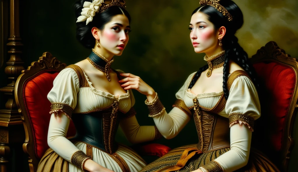 "Reimagine the famous portrait of Gabrielle d'Estrées and her sister, but with a steampunk twist. Both women are dressed in elegant, lightly layered steampunk attire, with corsets, lace details, and Victorian-inspired elements, but with a futuristic edge. Their outfits include brass accessories, gears, and goggles, blending classic fashion with industrial accents. Gabrielle, seated, touching her sister's nipple, and her sister stands beside her, both with confident, yet serene expressions. The color palette combines earthy browns, rich golds, and deep greens, with soft lighting creating a sense of intimacy and timelessness, while the steampunk elements add a layer of bold innovation."