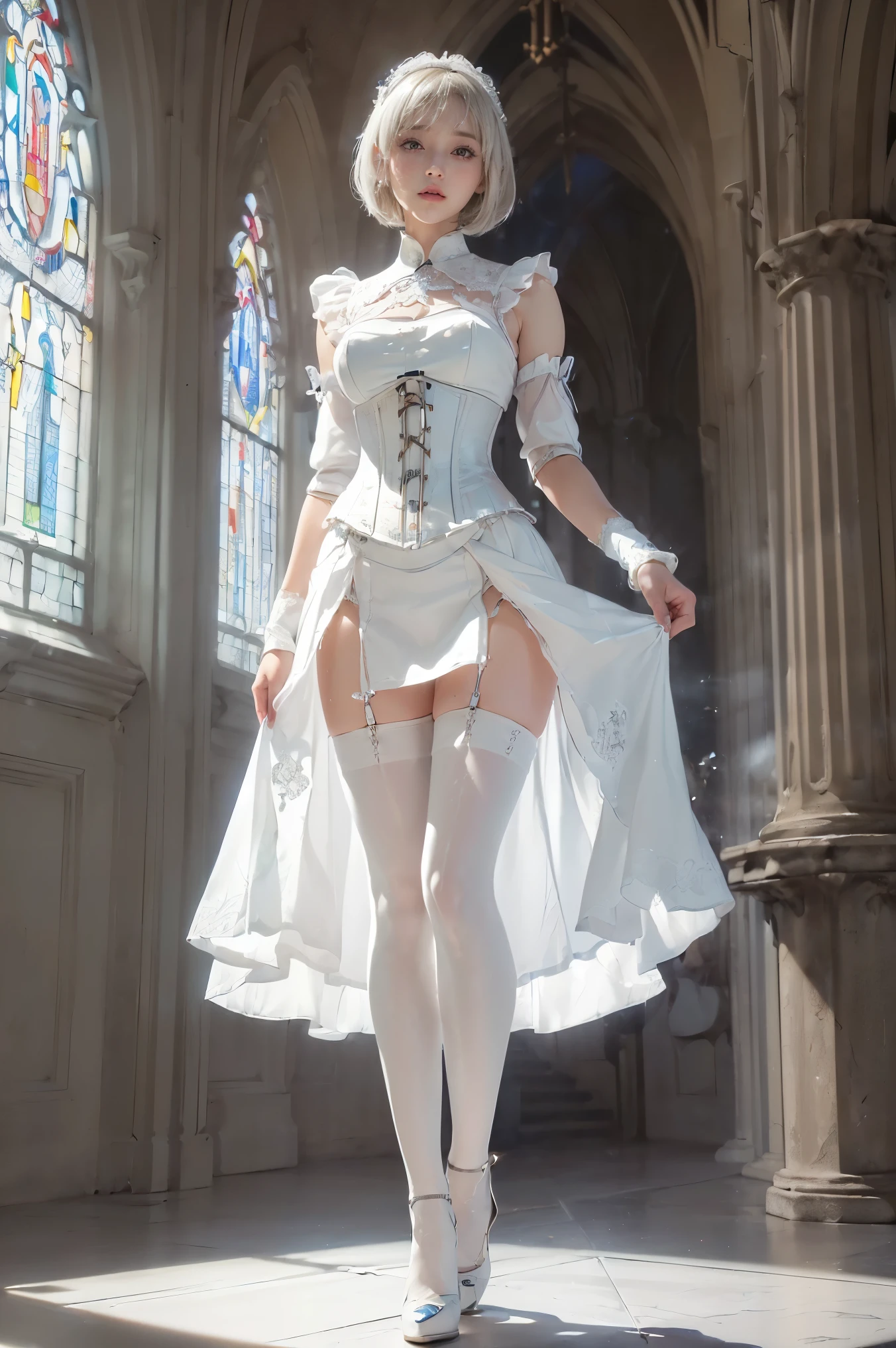 Japan maiden posing in pearl white leather corset,((small tits,well-shaped bust,slim body and constricted waist,,,,,,,,,,,,,,,,,,,)),,,,,,,,, (((Absolute full-length images,front-facing view))),honey birdette, White silk bra＆pantiy,Transparent Panty House、 Sexy corset in white color, Medium, Long White Leather Boots, lace decoration ,Cybernetic style,nippless,short hair of dark chestnut color,,,,,,,,,,,,,,Inside the cathedral