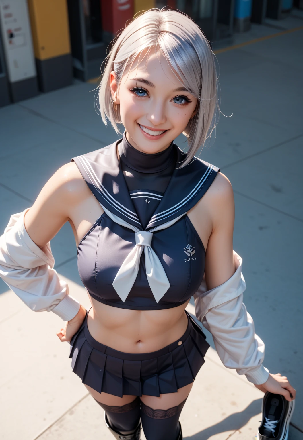 Professional photo posted , ((Highest quality)), ((masterpiece)), (detailed), Sailor suit,Snow Woman,Blue Eyes,White Hair,Asian,Snowman too,Abs are cracked、Sailor suit、Smile、Snow in the background、Belly button