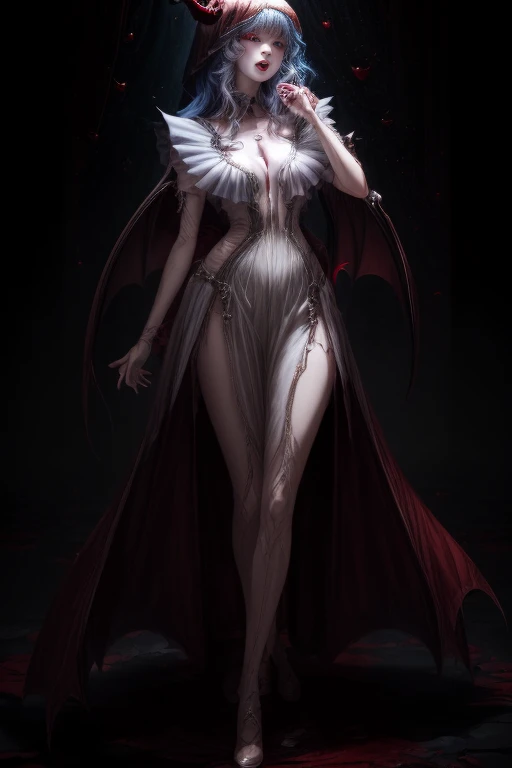 vampire girl ,  , the masterpiece fails , ,(One:1.1),   perfect face, (  bright lighting  :1.2),Beautiful eye details,   very detailed face  ,  Perfect Lighting, , the masterpiece fails ,  of the highest quality,   1girl,  pale skin vomiting ,   long hair, 20 years ,   red eyes, fangs, A glass of blood in his hand,   sophisticated hairstyle  ,   vampire fangs  ,   open mouth  ,   sharp teeth  ,   vampire fangs  ,  full length ,   Seductive pose  