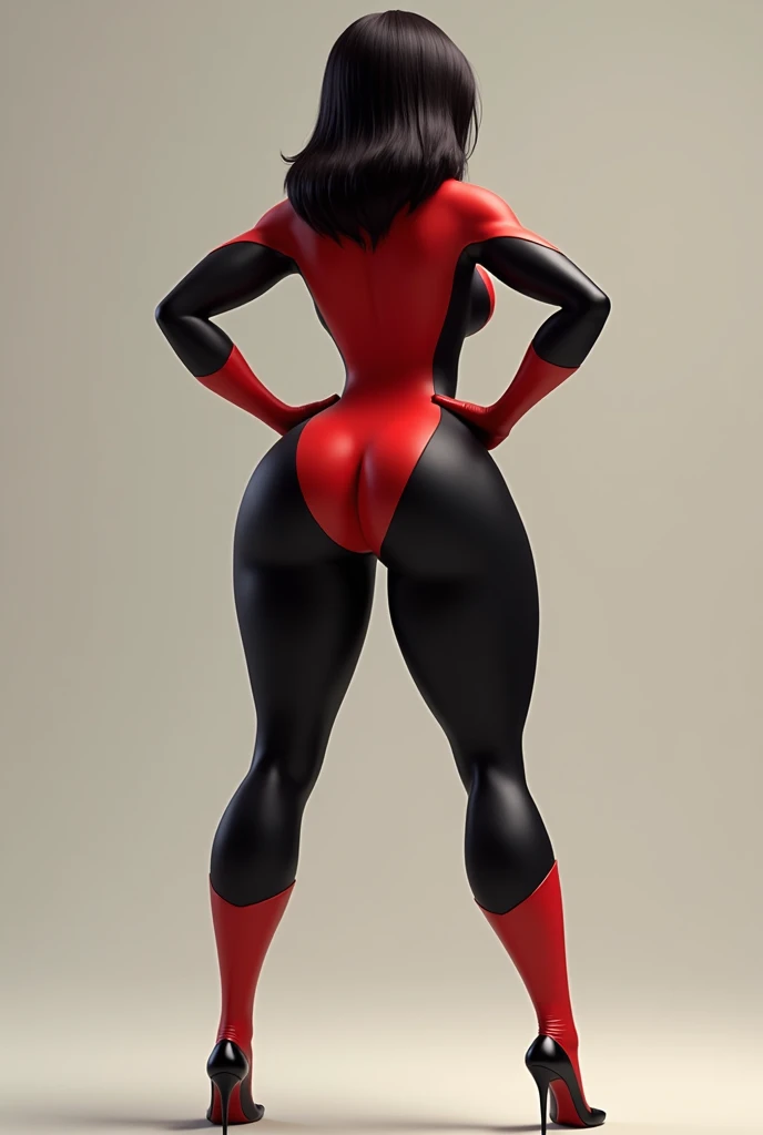 With one leg raised on a higher surface and the other planted firmly on the ground, Black Widow's tight suit accentuates the roundness of her hips and buttcheeks. She looks back with a coy, seductive smile, her short hair adding to the charm. Full body view.