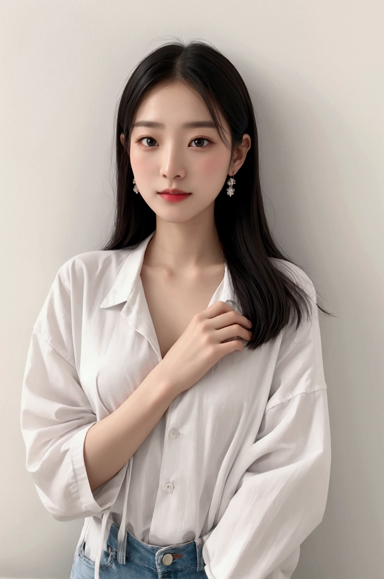 ( (8K:1.27), Best quality at best, tmasterpiece, 超高分辨率:1.2) photore,Beautiful Chinese woman (big breasts beautiful:1.1) (The clothes ar:1.21) ,ellegance、fanciful、the detail、geomerty、Gradient lighting,1girll, Delicate skin, looking at viewert, Brown eyes,ssmile ,(fashion hair:1.2), (mediuml breasts:1.0), (medium areolae:0.8), (realisticlying:1.4), (Best picture quality:1.0), (超高分辨率:1.0), 8K, RAW photos, (tmasterpiece:0.2), (PureErosFace_V1:0.5)
