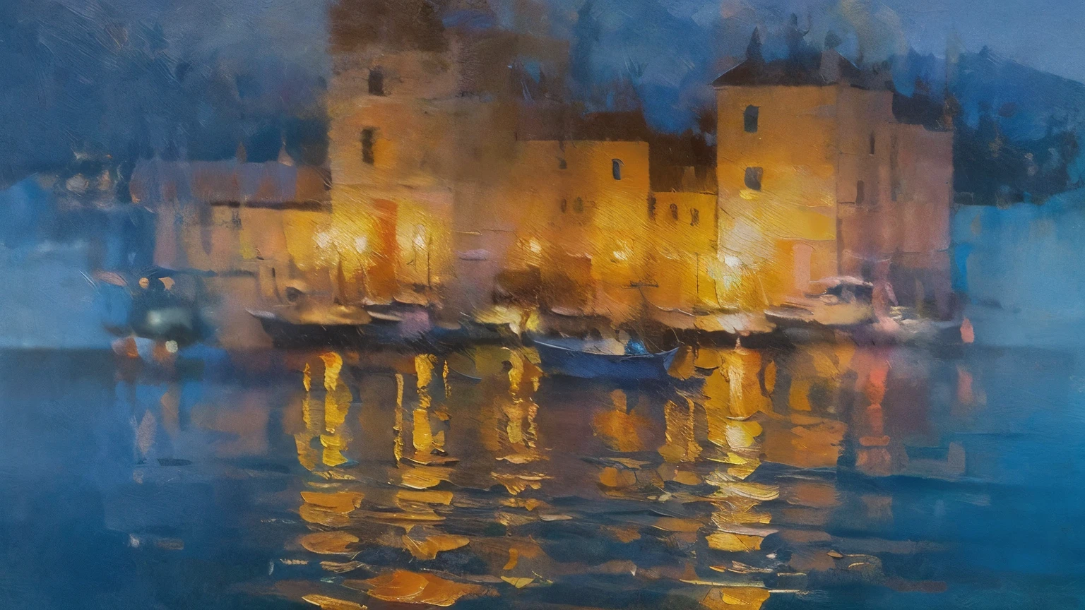 Beautiful italian coastline, nighttime, beautiful lights and reflections on the sea, impasto painting