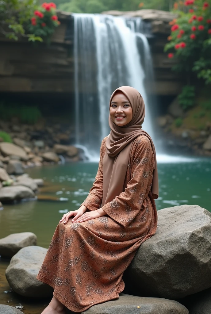 ((Mira filzah actress Malaysia)) face Malay women wearing hijab in the waterfall,(( cubby body)), ((hyper realistic picture))