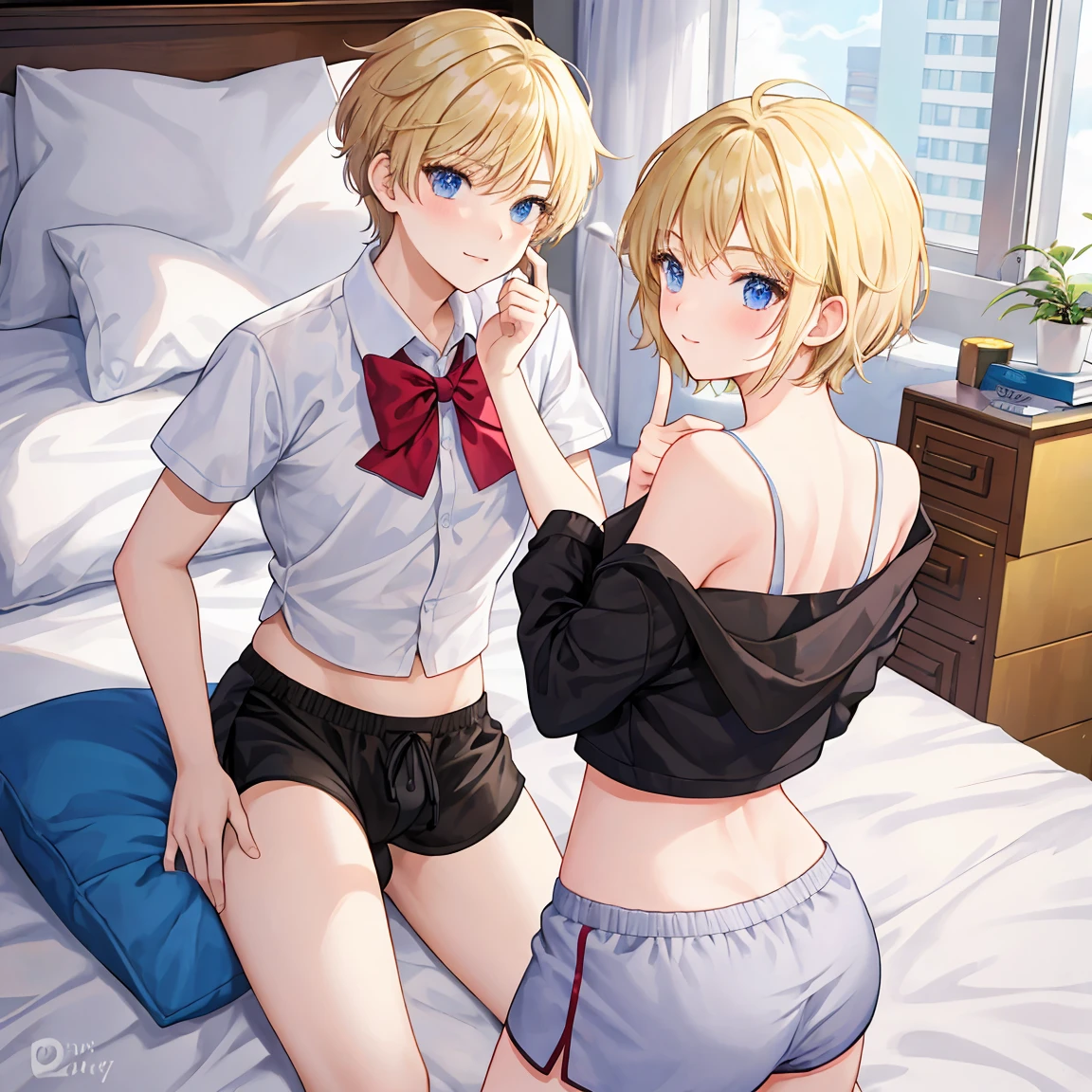 blond male student (Short Hair) I'm wearing boxer shorts on my bed and my beautiful butt is pointing towards me