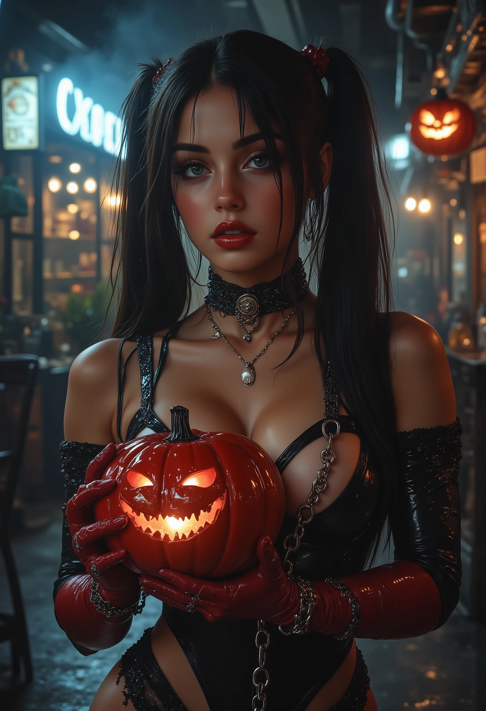 realistic akali, with Helloween costume, near a creepy house, holding a pumpkin, 8k resolution, (best quality: 1.1), (anatomically correct: 1.1), (perfect hand: 1.1 ), ( (Facial Detail: 1.3)), (Skin Detail), (Perfect Eyes), (Perfect Nose), (perfect hand fingers)