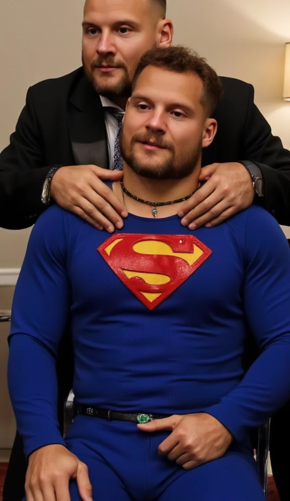 They kiss each oter. Superman can't refuse kiss.gay kiss.full body shot of a muscular attractive, nick bosa good looking man with Short stubble, muscular thighs, dressed in a blue Superman costume. He has a pained expression, orgasm face, eyes closed, mouth slightly open. He is at home on sofa, a bright emerald green crystal pendant hanging from his neck. He appears weak and in pain, with his eyes closed. Behind nick bosa stands Lex is bald man wearing black suits, touching Superman's chest with his hands. Lex kiss Superman.They kiss each other. Superman can't refuse passion kiss. Gay kiss