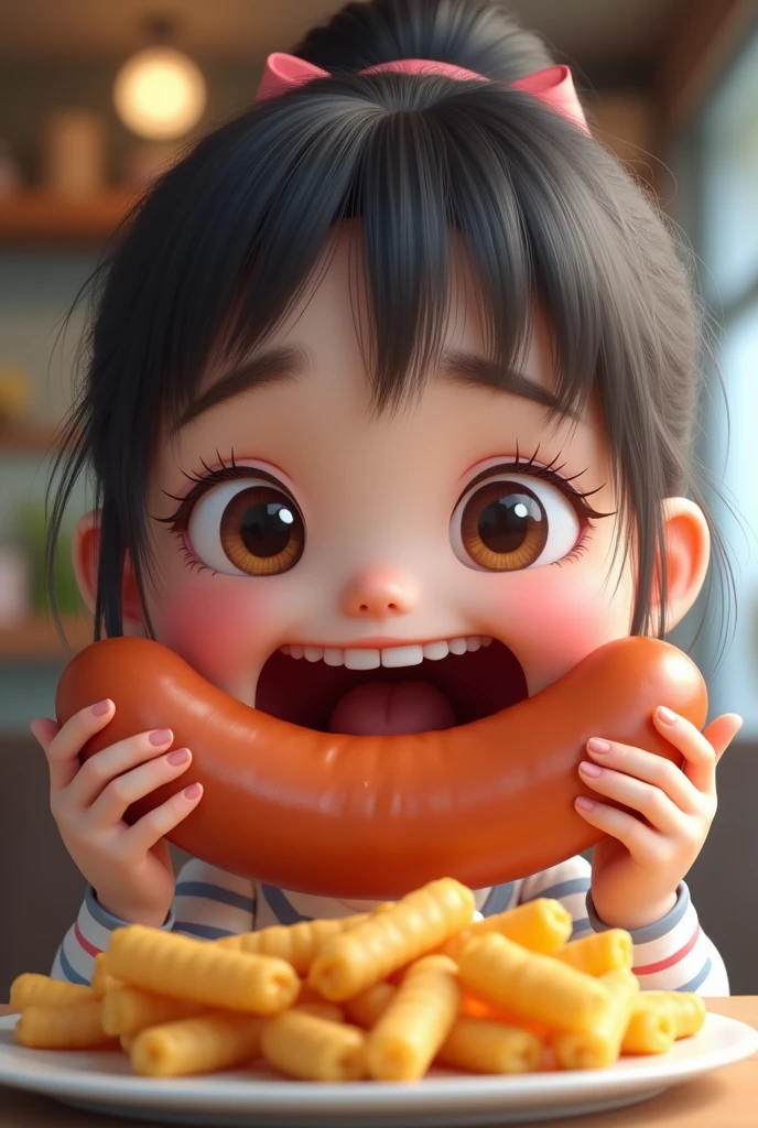  of 14 years, Long hair, pixar style, eating a sausage, drools with crooked eyes