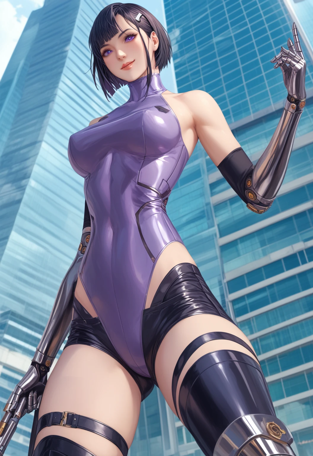 masterpiece, best quality, highres, aakusanagi, short hair, purple hair, large breasts, cleavage, leotard, highleg leotard, bare shoulders, white belt, thighhighs, <lora:kusanagi_motoko_v1:0.7>, cyberpunk, indoors, standing, cowboy shot,