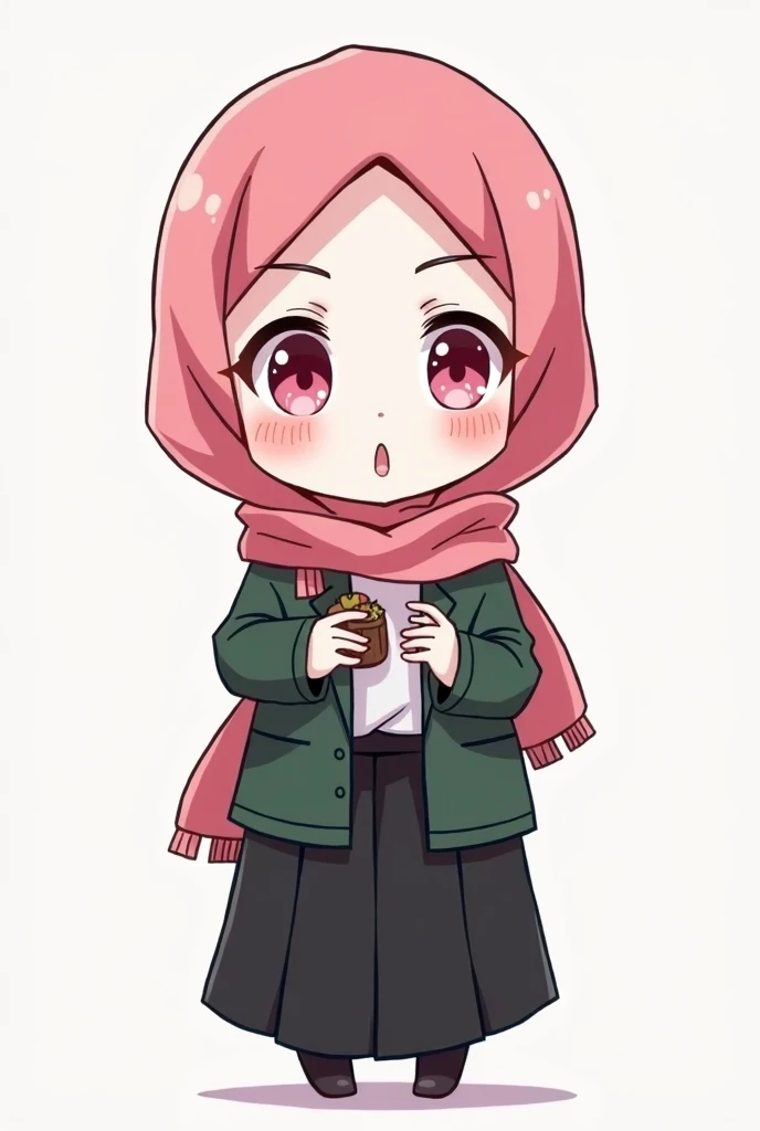 ultra-small deformation, Chibi Cute, 1girl, solo, full body, Hijab Costume , drinking condensed milk with straw, smile, High contrast and vivid color, simple background