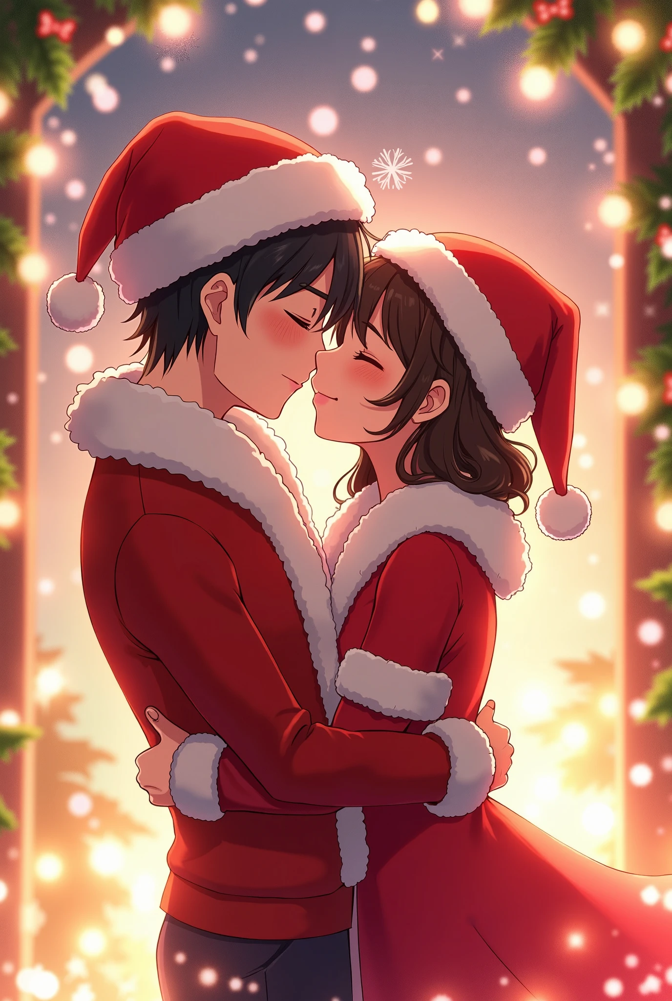 couple, looking into each other eyes, 1girl, (((masterpiece, best quality, scenery, aesthetic))), heavenly, ((girl with red eyes, vibrant pink long hair)), tsundere, ((intimate)), 1boy, ((boy with green eyes, short black curly hair))