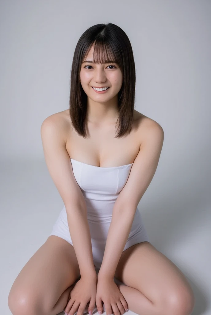 (((top-down configuration:1.4))), (best quality:1.4), (ultra highres:1.2), (photorealistic:1.4), (16k, RAW photo:1.2), (portrait shot:1.3), professional lighting, Japanese goddess, gravure, detailed face and skin texture, detailed eyes, looking at camera, nsfw, beautiful eyes, detailed eyes, beautiful face, detailed face, ((smile:1.3)), (highest quality), glowing skin, (smooth lighting:1.2), (cinema lighting:1.2), (brown long hair), (bangs:1.4), ((off shoulder:1.2)), (bare shoulder:1.2), ((emphasize cleavage:1.4)), (bare thighs:1.2), (white thighs:1.1), sitting down, seiza, (leaning forward), (hands on knee), from slightly above