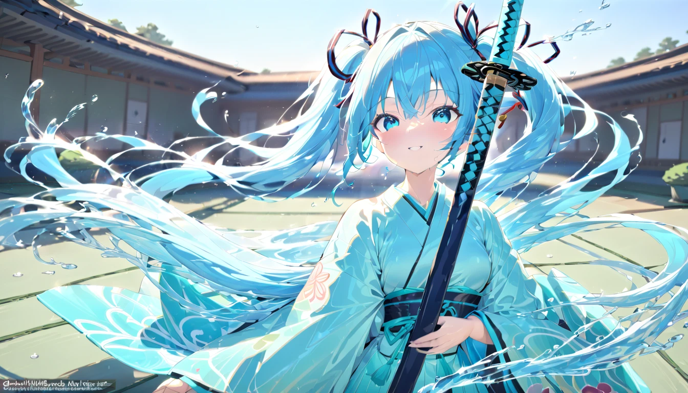 girl masterpiece, best quality high resolution, twintails, blue hair, blue eyes, very long hair, middle breast, detailed face, beautiful shape, hatsune miku, kimono, Japanese-style clothes, wearing a katana sword, standing on the tatami floor, smiling, , detailed background, blue sky, water element,