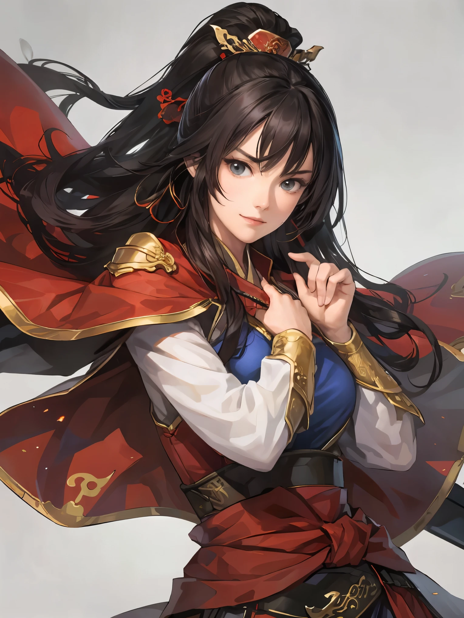 beautiful woman with dark hair :1.3, Amazing Character Art , Hanfu,(( pure white background)), ( top quality ), handsome,Beautiful female knight, 2. 5D CGI fantasy artwork, detailed digital art , Very nice work of art, fan Art Best Art Station, ( RED VELVET LONG CAPE ),(warrior:1.2),Exquisitely drawn hands 、 I'm putting my hands on my lower back, with little pubic hair、Chinese Armor,From the waist up、One woman、 faint smile 、White space above the head,Red Armor、