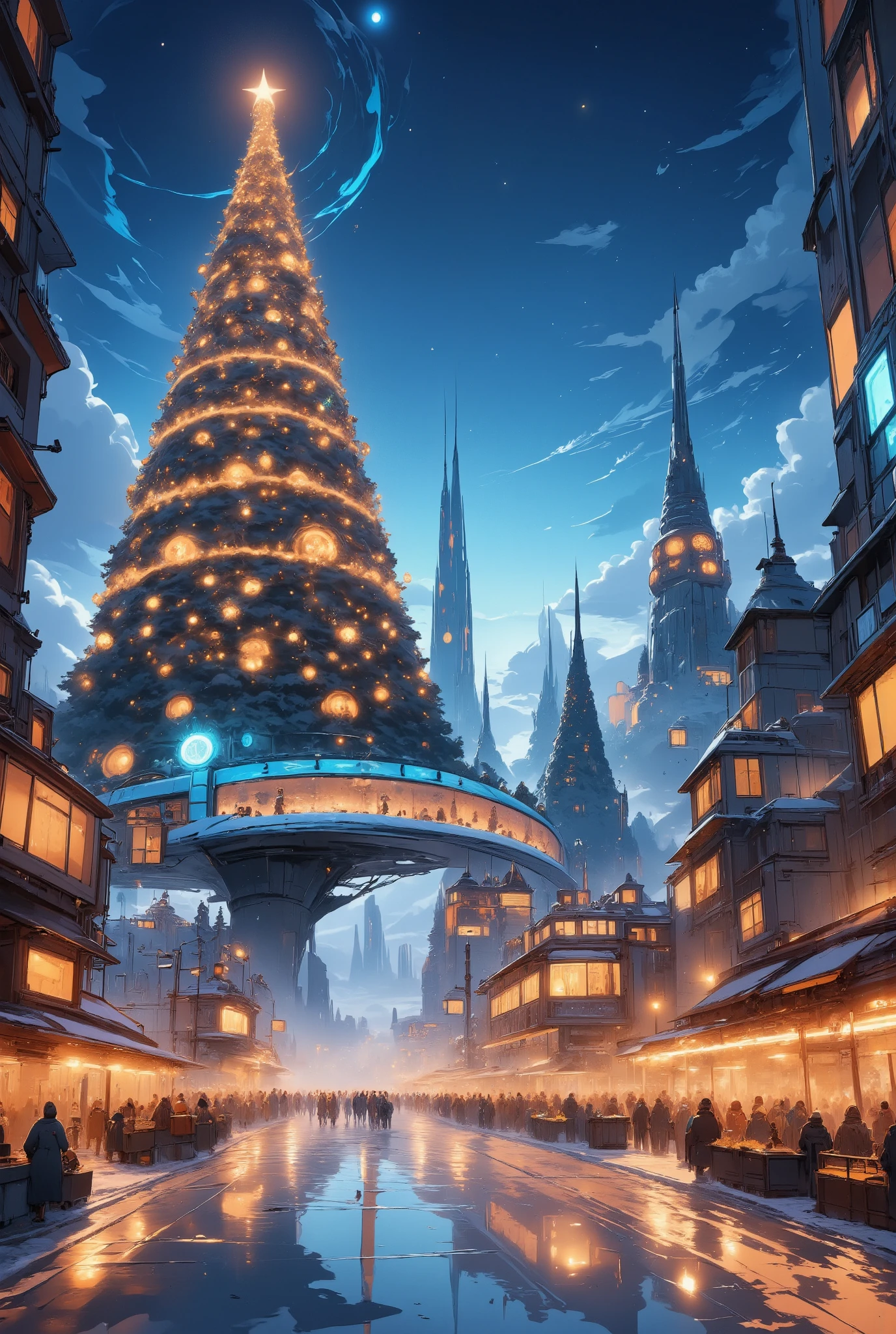 a futuristic neon cityscape with a gigantic christmas tree, sparkling holiday lights, radio tower