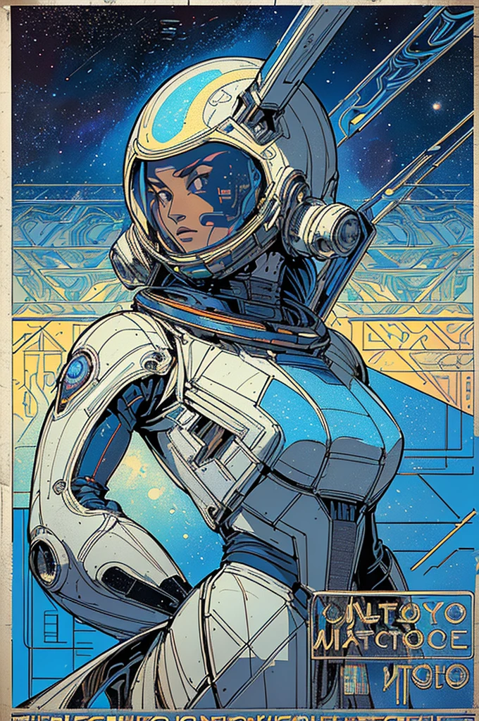 (((Top Quality Masterpiece ))),(((solo:1.2))),((( 1 woman :1.2))), 32K Highly Detailed Wallpaper , Retro Vintage Style ,((((( a futuristic space thriller poster))))),((((dynamic Angles)))),(((Overwhelming highlights))),((( most complex machine))),(((Absolutely Plain Background ))),A space suit with a very flashy color scheme ))),((((( Background with Intricate Geometric Patterns )))))