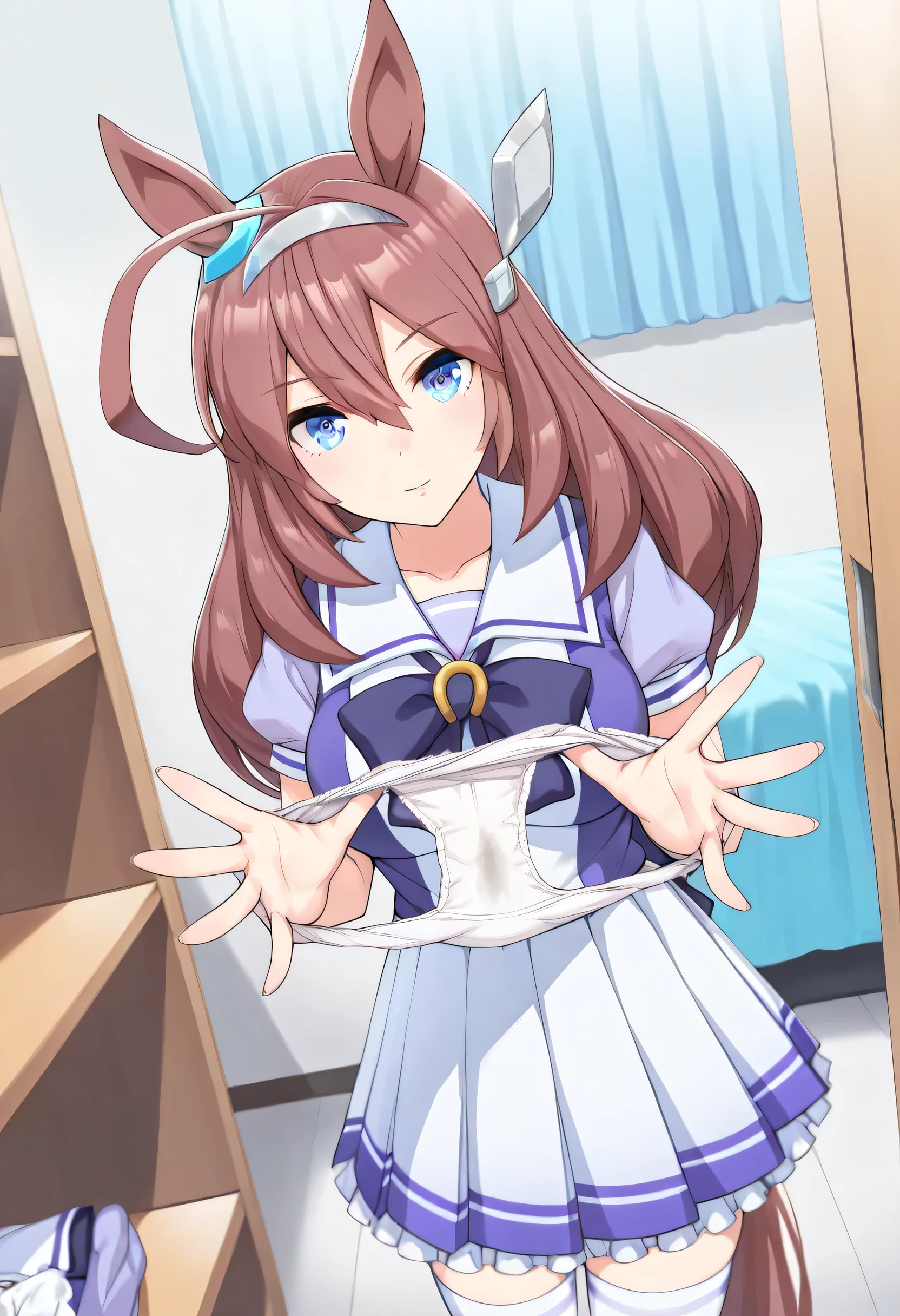 nsfw, indoor, changing room, cowboy shot, ((1 girl)), umamusume, mihono bourbon, mihono bourbon \(umamusume\), confused, light smile, tracen school uniform, summer uniform, serafuku, puffy short sleeves, purple bowtie, horseshoe ornament, sailor collar, sailor shirt, purple shirt, white skirt, pleated skirt, frilled skirt, miniskirt, zettai ryouiki, white thighhighs, holding unworn clothes, holding underwear, ((holding white panties)), (((presenting removed panties inside))), beautiful hands, beautiful fingers, steam, smoke, body without discomfort, chest, cleavage, small curvaceous, medium breasts, ((masterpiece)), (best quality), (absurdres), (ultra detailed), (very aesthetic)