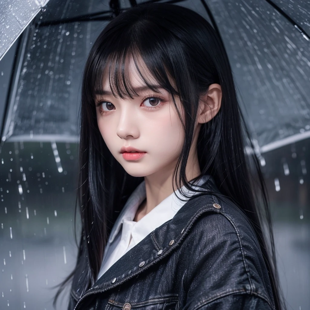  Girl with straight long black hair , long fringe covering the forehead , , minissaia jeans, black jacket white collar,  black ball ,  gray eyes, expressionless face, delicate face, (two),(rainy night with fog),  the girl holds a red umbrella , Very strong moonlight , A is crying , (bangs covering the entire forehead), 