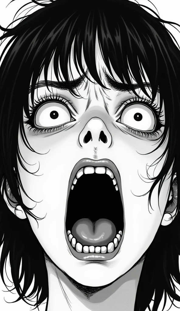 junji ito style, horror manga, black and white, one page manga style layout, no talking bubbles, yokai girl, super creepy, screaming gils who has a crazy eyes and huge mouth and super long black hair, grotesque, disgusting, bloody, terrifying, dynamic manga layout, horror, Junji Ito