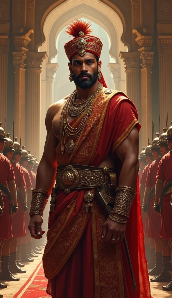 King Udayan in the Village: "King Udayan, in royal attire but with a humble demeanor, with him solider
