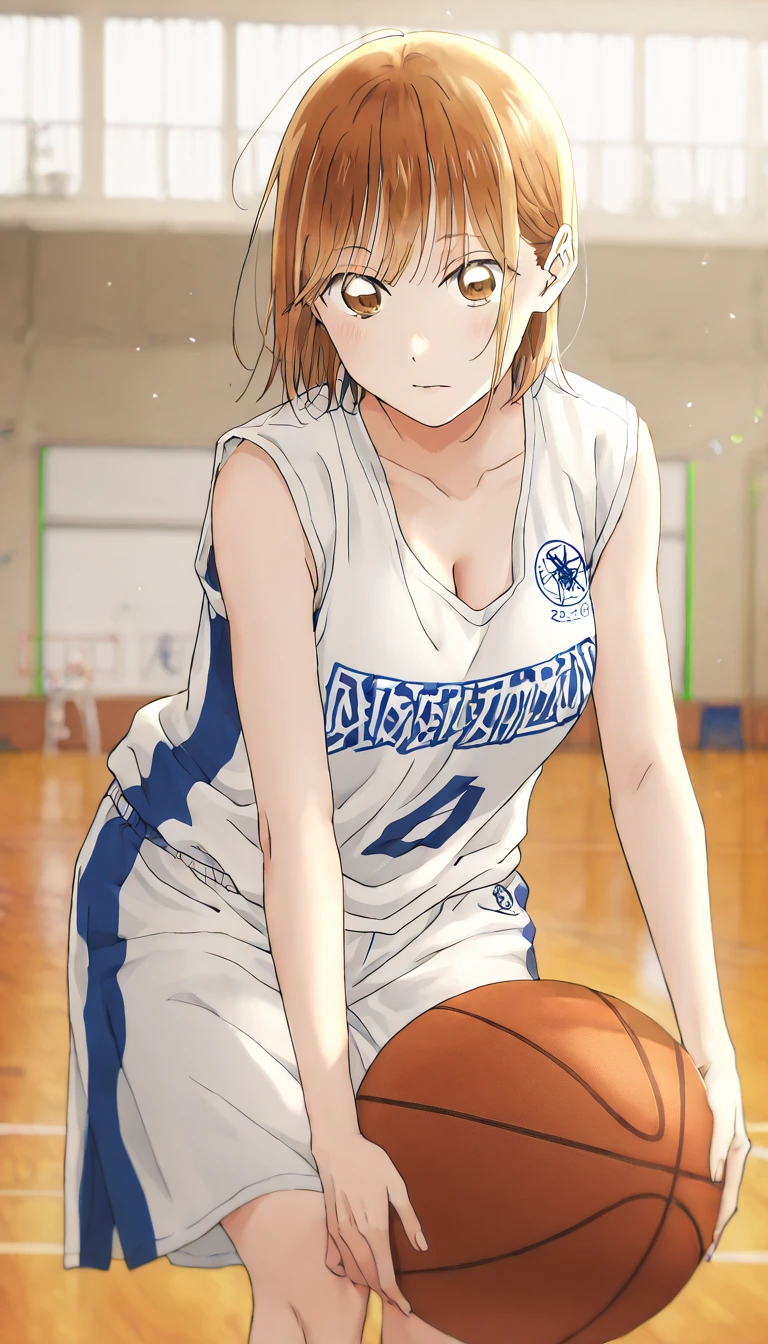        1 girl, Alone, Chinatsu,      Blurry Background,        brown eyes、        basketball uniform with a basketball in one hand 、  An iron collar that smells like milk for a woman who is shirtless in the lobby 、nsfw、       tank top  、Bibs、 Inside is black 、naked 、  Skindent 、   large areolas supporting breasts 、       lean forward      、   put your hands on your knees、       small 、belly button、Gym、        basketball only       、     viewers, masterpiece,  top quality,        High Quality      ,              very sophisticated          ,        absurd、(        sleeveless 、   basketball only       、side、side汗、   Raise your face   、     dribble、Move)、execution、      hopeless、       sweated、In motion、  basketball ring       