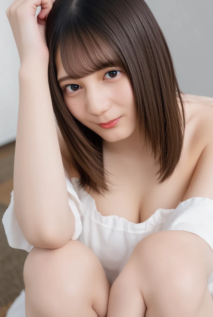 (((top-down configuration:1.4))), (best quality:1.4), (ultra highres:1.2), (photorealistic:1.4), (16k, RAW photo:1.2), (portrait shot:1.3), professional lighting, Japanese goddess, gravure, detailed face and skin texture, detailed eyes, looking at camera, nsfw, beautiful eyes, detailed eyes, beautiful face, detailed face, ((smile:1.3)), (highest quality), glowing skin, (smooth lighting:1.2), (cinema lighting:1.2), (brown long hair), (bangs:1.4), ((off shoulder:1.2)), (bare shoulder:1.2), ((emphasize cleavage:1.4)), (bare thighs:1.2), (white thighs:1.1), sitting down, seiza, (leaning forward), (hands on knee), from slightly above