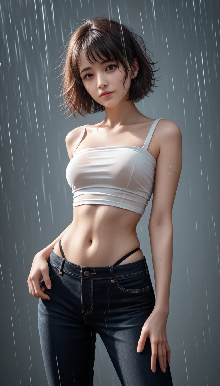  beautiful detailed portrait of a  Japanese woman,  short bob haircut  ,  medium breasts,  messy hair, Healthy-looking ,  Sexy Expression, Tight clothing,  Bold Poses, Detailed embroidery,  belly button out,  tube top,  garter belt,  High Quality , 8k,  photorealistic,  very detailed, Dramatic lighting,  bright colors , (最 High Quality ), ( ULTRA DETAIL), (  BEST ILLUSTRATION), (Best Shadow), ( absurd), (( High Legged Thong Pants )),white　underwear、Shoulder Off、 short bob haircut  ,  medium breasts,  messy hair, Healthy-looking ,  Sexy Expression, Tight clothing,  Bold Poses,  belly button out,  High Quality , 8k,  photorealistic,  very detailed, Dramatic lighting,  bright colors ,( extremely detailed CG unity 8K wallpaper ), (masterpiece), (最 High Quality ), ( ULTRA DETAIL), (Best Shadow),a young woman  in the rain, realistic 3D style, Guweiz-style Artwork, portrait in the rain, elegant style, realistic style, realistic art,  realistic art style, (best quality,4K,8k, highres icon,masterpiece:1.2),ultra-detailed,(realistic,photorealistic,photo-realistic:1.37),,sharp focus,physically-based rendering,extreme detail description,professional,vivid colors,Beautiful and magnificent composition, summer、 camisole、Wet clothes