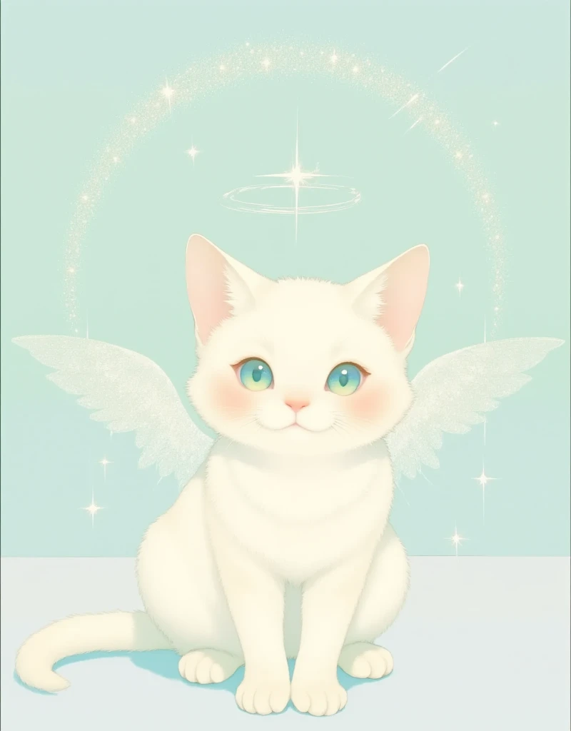 ultra detailed, best quality, close up shot, cute cat, smile , standing , look at me, angelic atmosphre, bright , glittering particles, shiny, soft color, kawaii anime, cute illustration, angel dust falling, fancy style, in dreamy room,