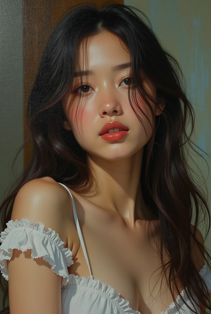a close up of a woman with a flower crown on her head, asian features, jinyoung shin, inspired by Yanjun Cheng, traditional art, korean artist, gorgeous chinese model, yanjun chengt, fanart, by Ni Tian, beautiful south korean woman, official artwork, by Wu Bin, wenfei ye, popular south korean makeup, a young asian woman absolutely abstract Retro vintage art print, sexy, glamorous pin-up girl wearing a sailors hat, bikini, A painting of a woman wife ((golden ratio}} laying on the sofa after a long night on the town, a painting, a Beautiful expressive painting, malcolm liepke painting, glossy painting, beautiful digital painting, digital art painting, Fine paintings, monochromatic. malcolm liepke oil painting, impressionist painting.Spread your legs apart, beautiful and delicate face, fair skin