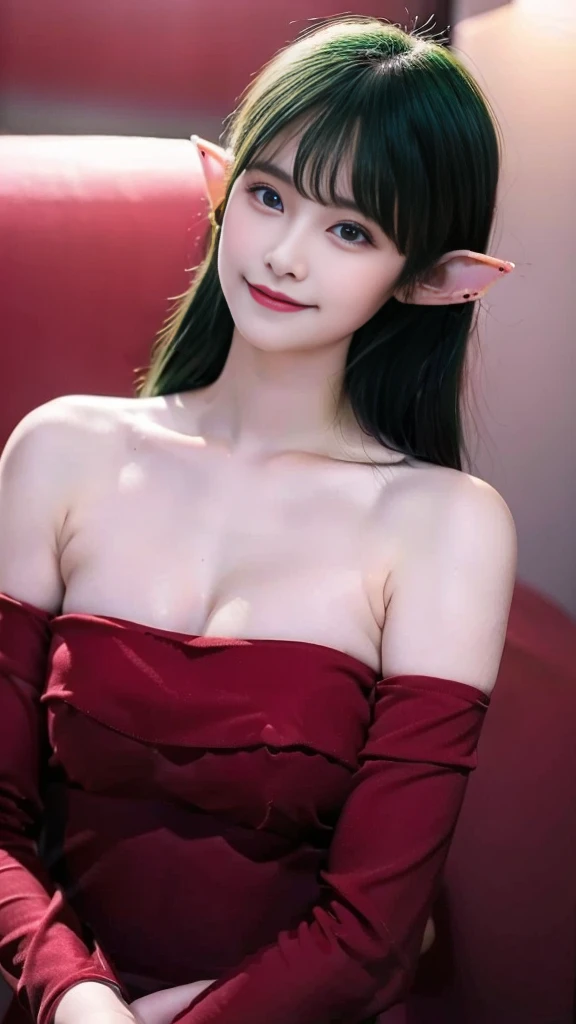 ((masterpiece, top quality ,Ultra delicate, perfect face,16k, very detailed eyes , high res, a very beautiful girl ,sharpness, RAW photos ,18 years old,Bright green hair:2.0, cute, takes a picture of your face )),, red strapless bodycon tube dress with big red bow on back:2.0,Red long sleeve , elf girl , very big breasts:2.0, blue eyes,  Very Happy Smile :2.0, upper body shot,