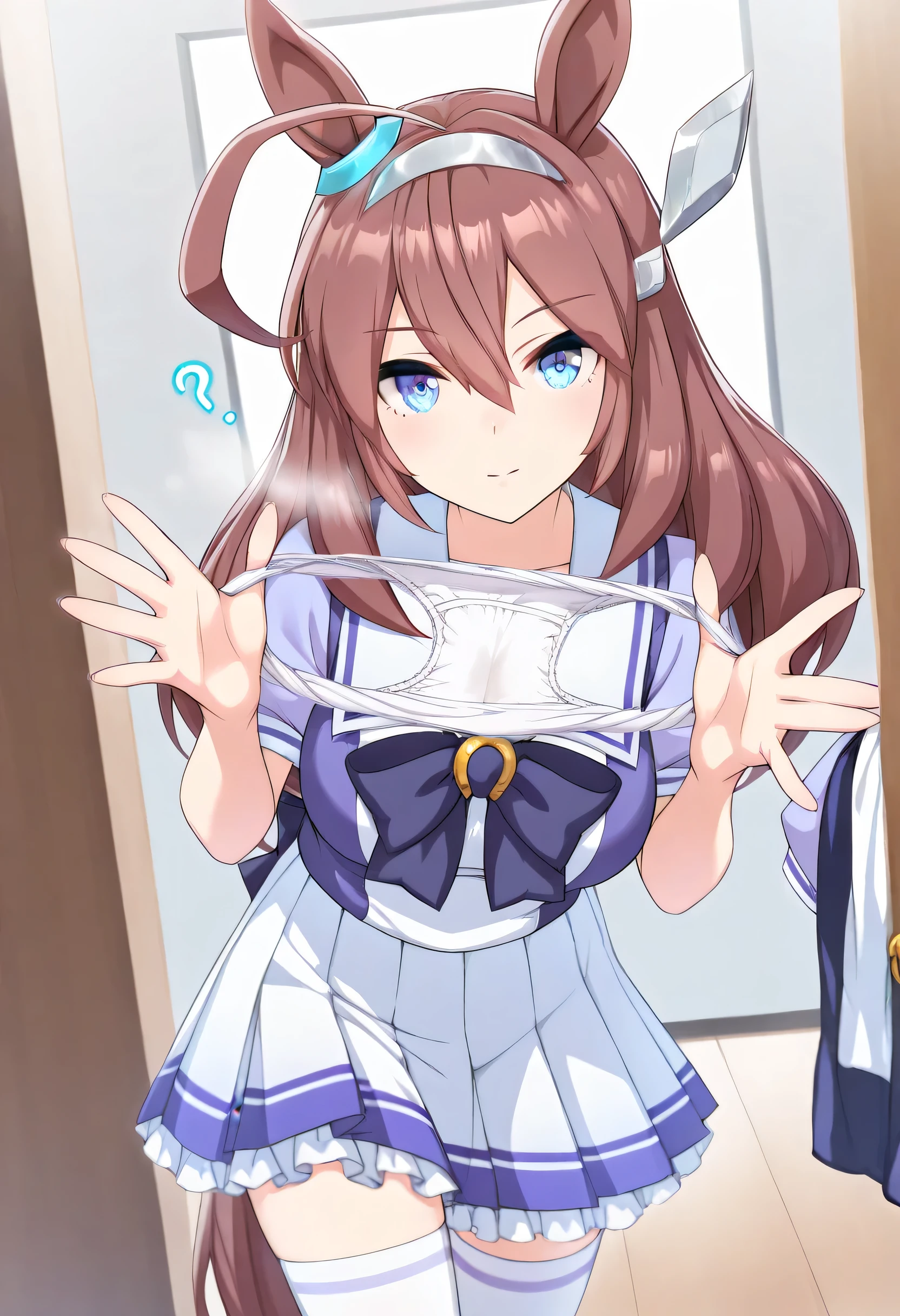 nsfw, indoor, changing room, cowboy shot, ((1 girl)), umamusume, mihono bourbon, mihono bourbon \(umamusume\), confused, light smile, tracen school uniform, summer uniform, serafuku, puffy short sleeves, purple bowtie, horseshoe ornament, sailor collar, sailor shirt, purple shirt, white skirt, pleated skirt, frilled skirt, miniskirt, zettai ryouiki, white thighhighs, holding unworn clothes, holding underwear, ((holding white panties)), (((presenting removed panties inside))), beautiful hands, beautiful fingers, steam, smoke, body without discomfort, chest, cleavage, small curvaceous, medium breasts, ((masterpiece)), (best quality), (absurdres), (ultra detailed), (very aesthetic)