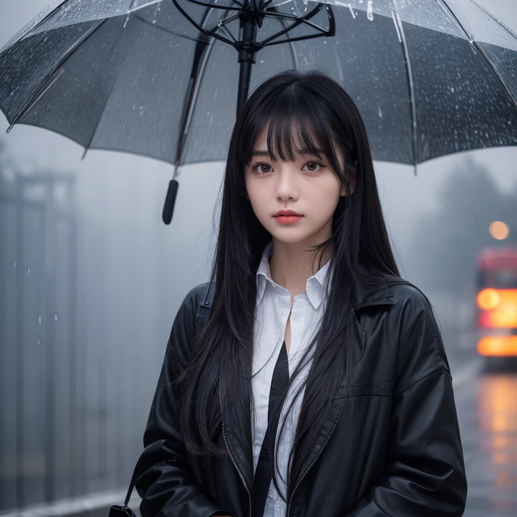  Girl with straight long black hair , long fringe covering the forehead , , minissaia jeans, black jacket white collar,  black ball ,  gray eyes, expressionless face, delicate face, (two),(rainy night with fog),  the girl holds a red umbrella , Very strong moonlight , A is crying , (bangs covering the entire forehead), girl is waiting at the train station, Straight and smooth bangs 