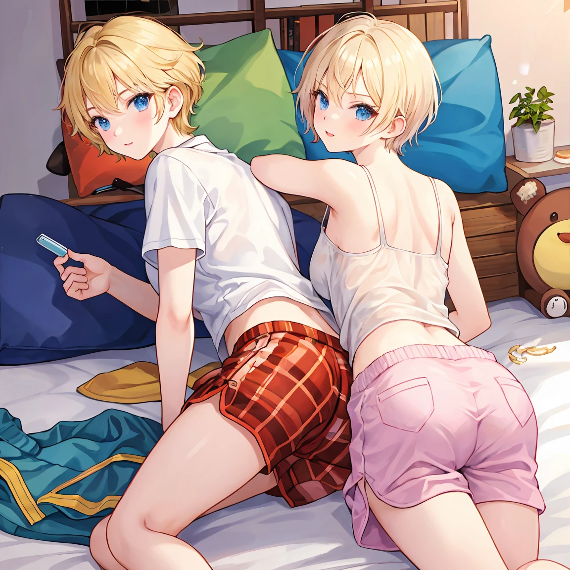 blond male student (Short Hair) I'm wearing boxer shorts on my bed and my beautiful butt is pointing towards me