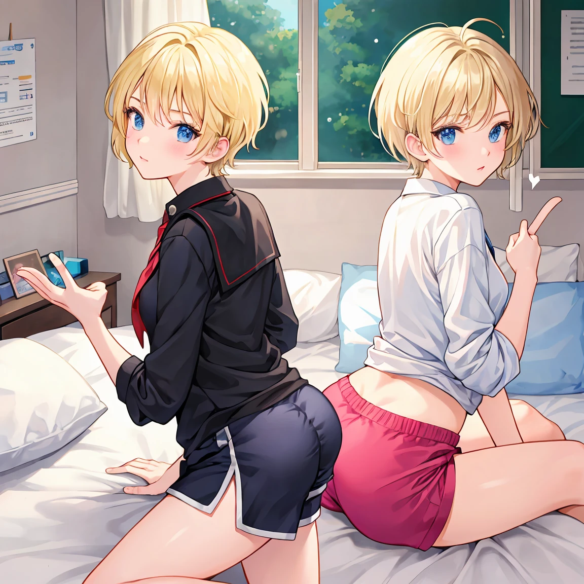 blond male student (Short Hair) I'm wearing boxer shorts on my bed and my beautiful butt is pointing towards me