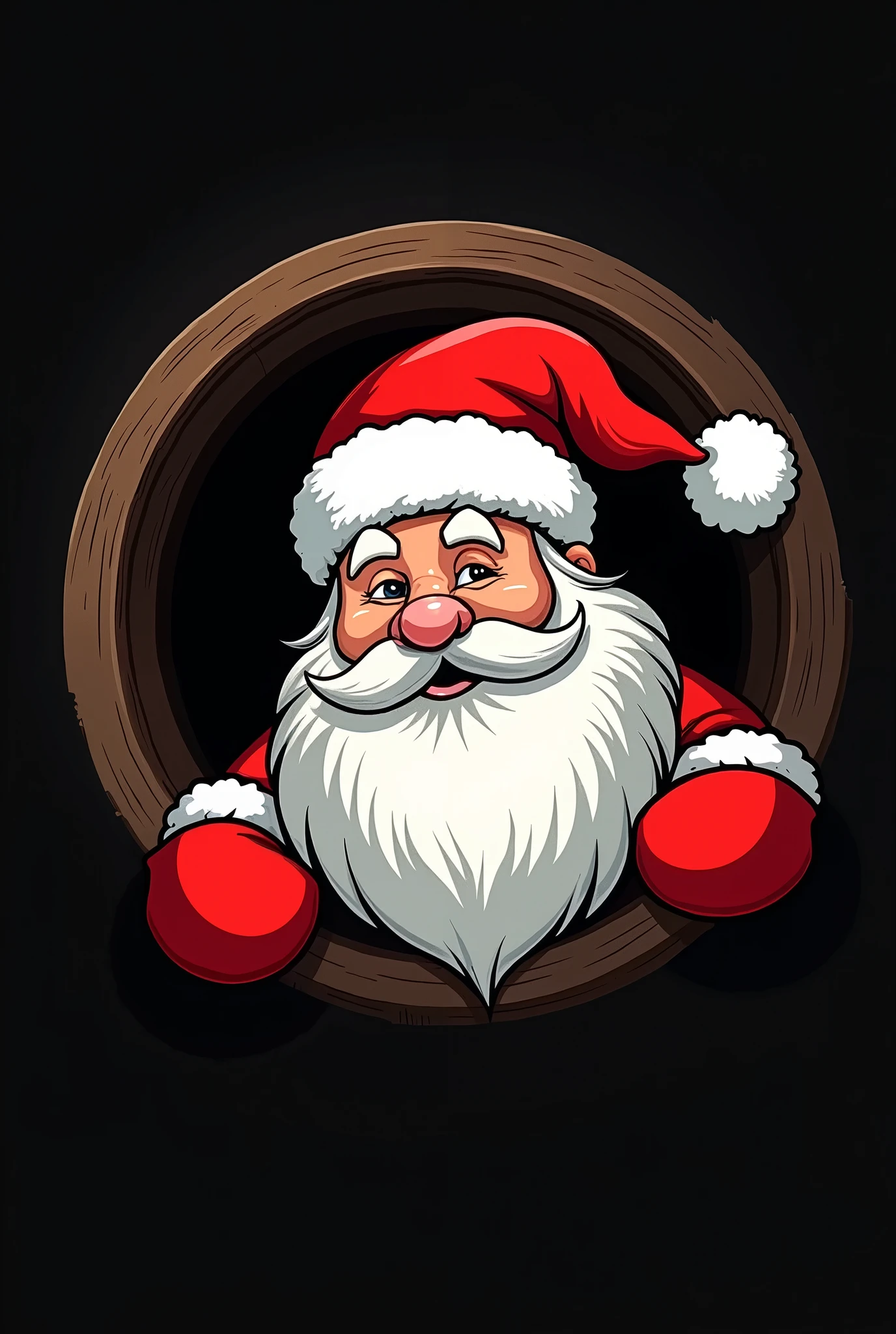 (1 male:2.0),Santa Claus is peeking out of a round chimney hole,007 opening style production,black,(  vector illustration :2.0)