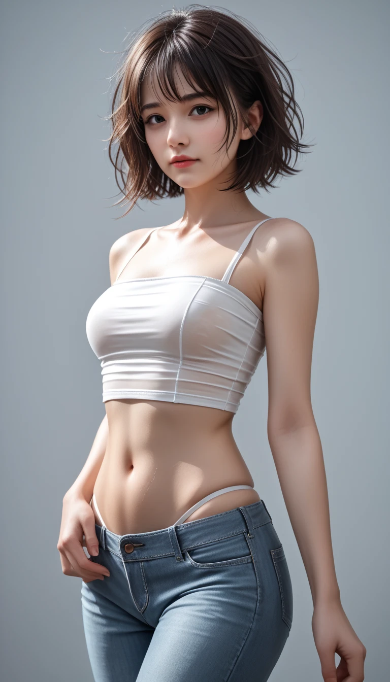  beautiful detailed portrait of a  Japanese woman,  short bob haircut  ,  medium breasts,  messy hair, Healthy-looking ,  Sexy Expression, Tight clothing,  Bold Poses, Detailed embroidery,  belly button out,  tube top,  garter belt,  High Quality , 8k,  photorealistic,  very detailed, Dramatic lighting,  bright colors , (最 High Quality ), ( ULTRA DETAIL), (  BEST ILLUSTRATION), (Best Shadow), ( absurd), (( High Legged Thong Pants )),white　underwear、Shoulder Off、 short bob haircut  ,  medium breasts,  messy hair, Healthy-looking ,  Sexy Expression, Tight clothing,  Bold Poses,  belly button out,  High Quality , 8k,  photorealistic,  very detailed, Dramatic lighting,  bright colors ,( extremely detailed CG unity 8K wallpaper ), (masterpiece), (最 High Quality ), ( ULTRA DETAIL), (Best Shadow),a young woman  in the rain, realistic 3D style, Guweiz-style Artwork, portrait in the rain, elegant style, realistic style, realistic art,  realistic art style, (best quality,4K,8k, highres icon,masterpiece:1.2),ultra-detailed,(realistic,photorealistic,photo-realistic:1.37),,sharp focus,physically-based rendering,extreme detail description,professional,vivid colors,Beautiful and magnificent composition, summer、 camisole、Wet clothes