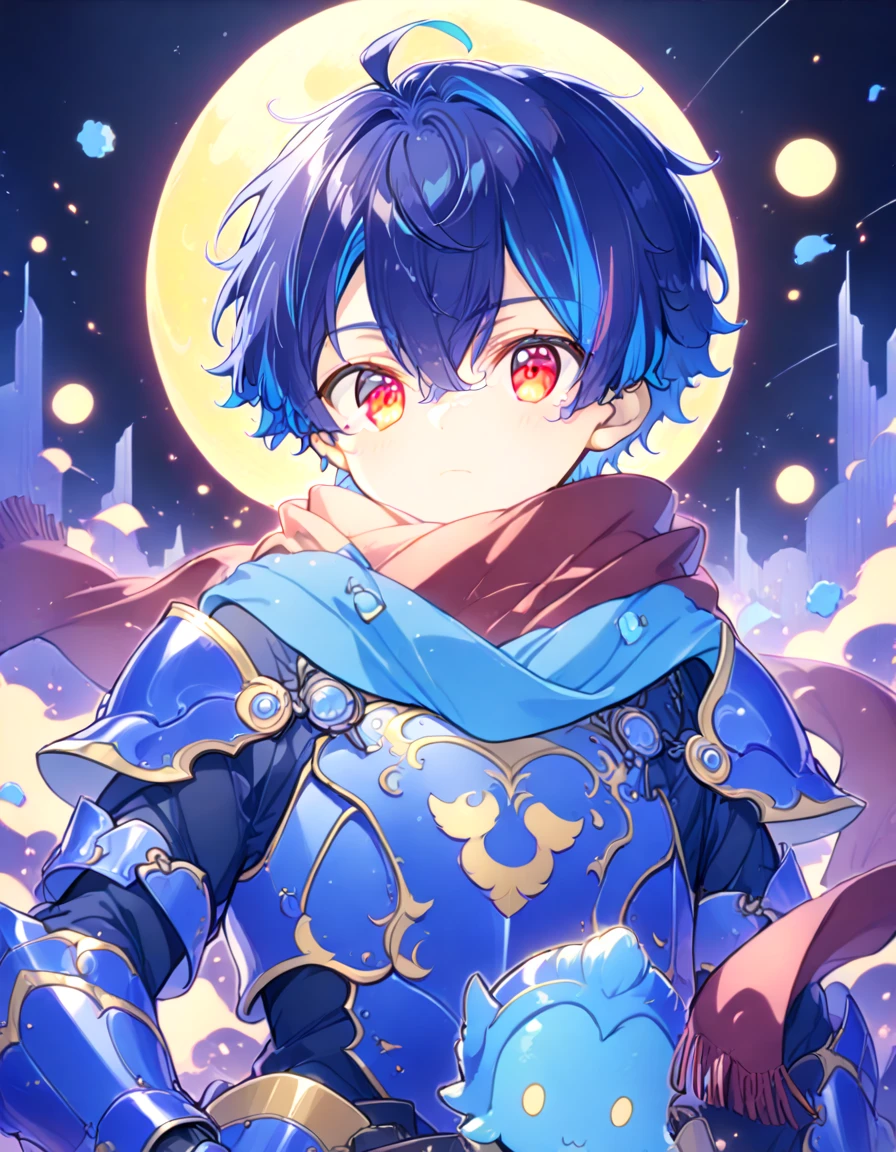 Detailed 8k cute theme , Boy in the scarf , long disheveled blue hair and cyan red eyes wearing all-blue emperor armor with full moon in the background